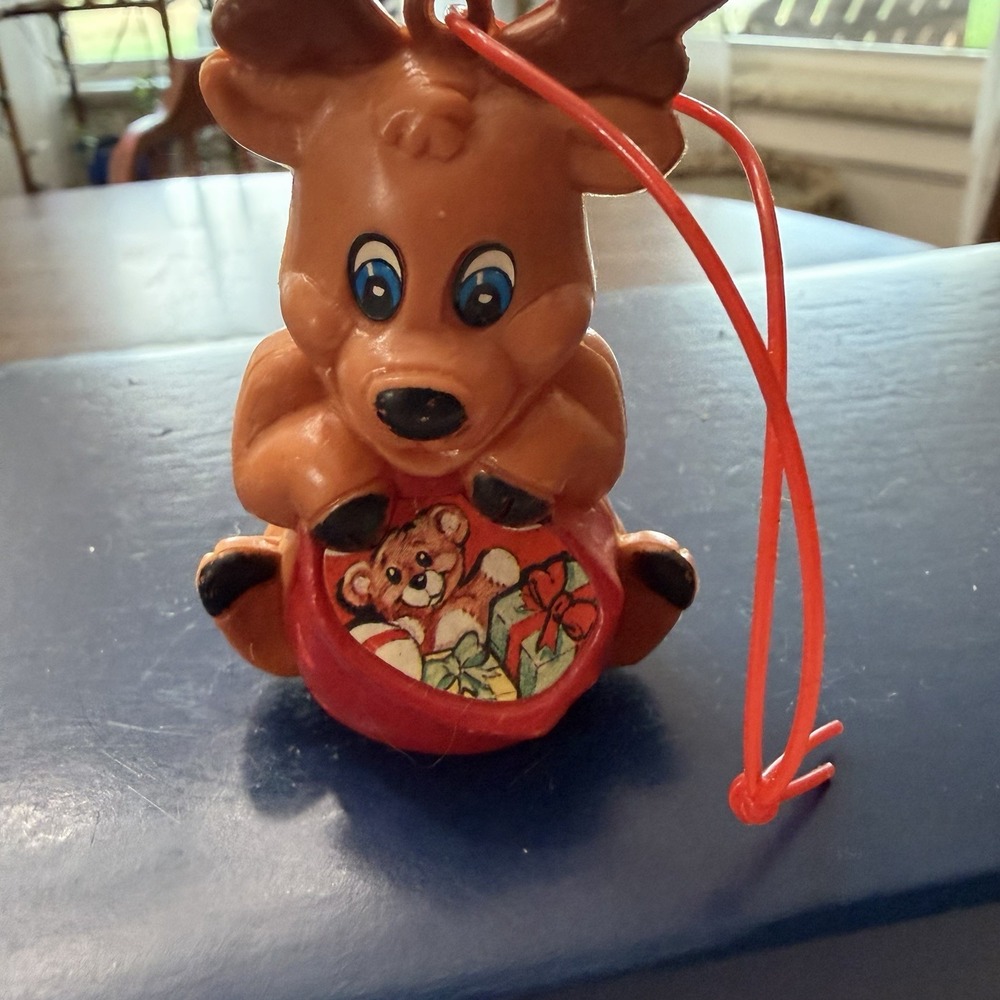 Vintage Plastic Reindeer Christmas Ornament Teddy Bear Toy Sack Tree Decoration